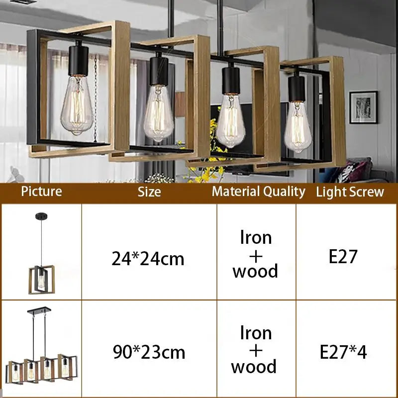 Vintage Industrial Style 4-Head Pendant Light Solid Wood Iron Hanging Lamps for Dining Room and Restaurant Lighting Fixture