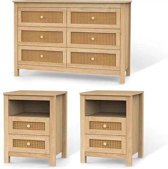Farmhouse Bedroom Set 3 Pieces Rustic Wood 6 Drawer Dresser Nightstands and Wide Chest of Drawers Furniture