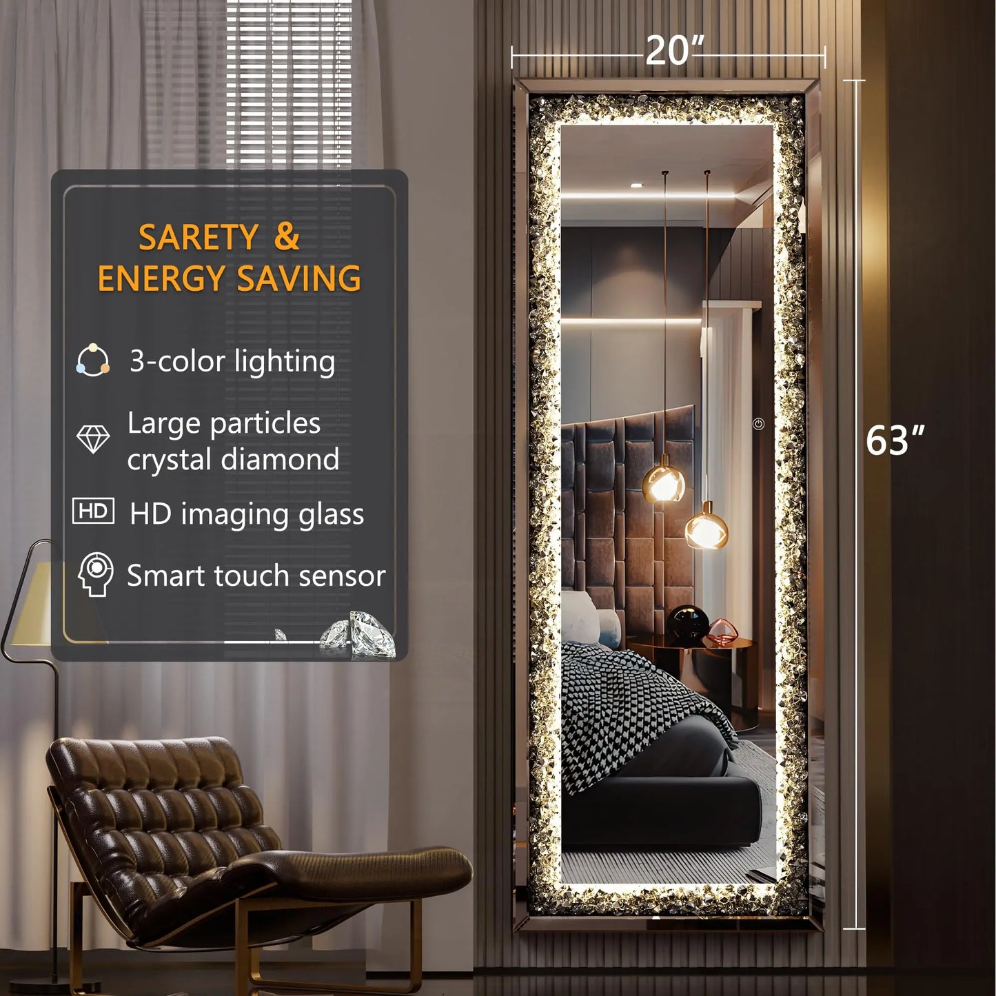 Hasipu Full-Length Mirror 63x20 Inch with Lights and Crystal Crush Diamond - Cheerful Home Finds