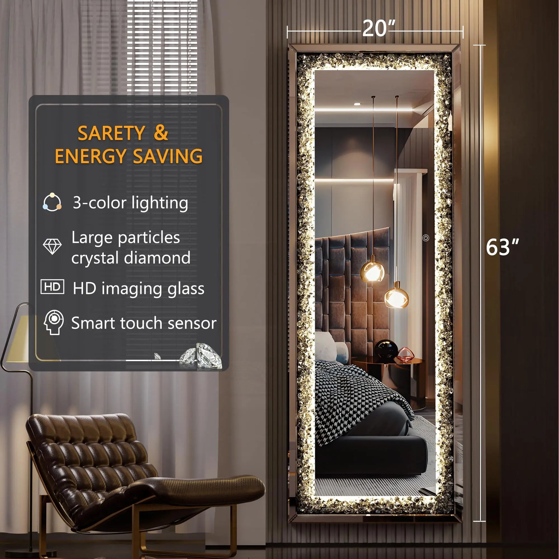 Hasipu Full-Length Mirror 63x20 Inch with Lights and Crystal Crush Diamond - Cheerful Home Finds
