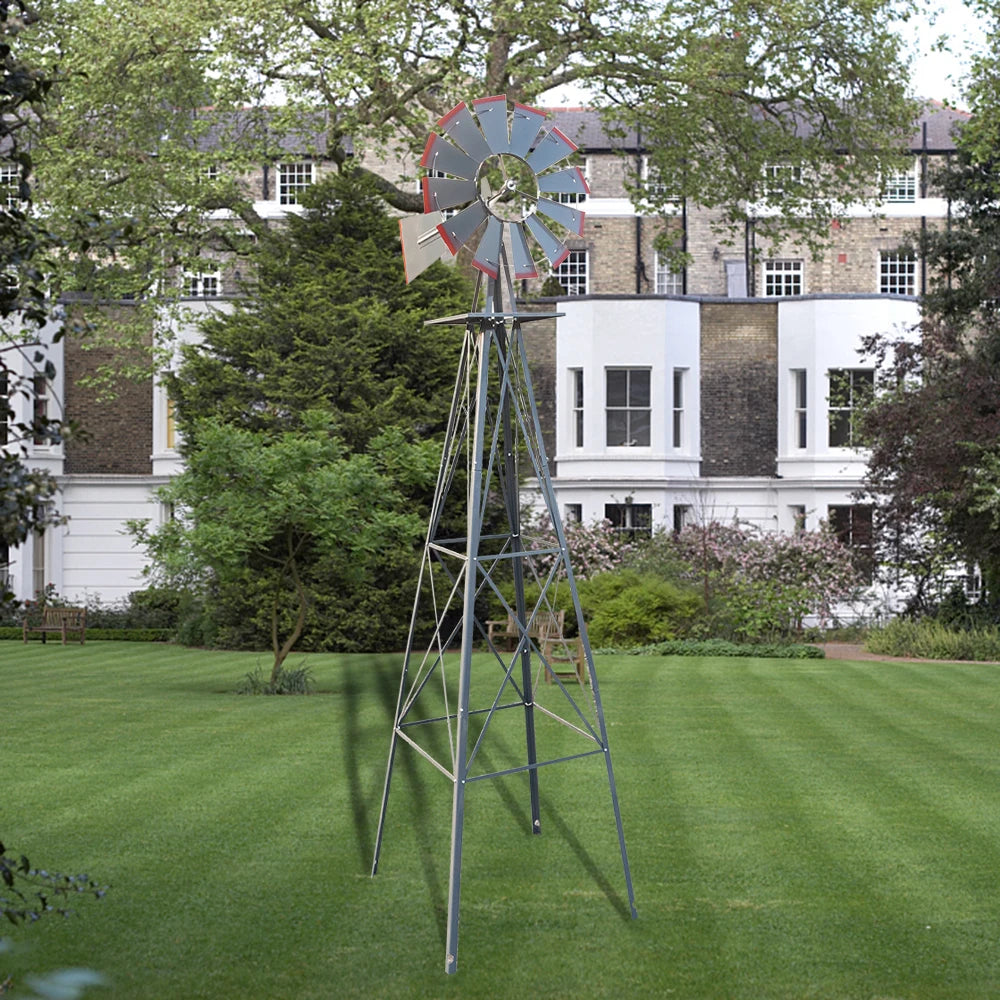 8FT Weather Resistant Yard Garden Windmill Gray and Red - Cheerful Home Finds