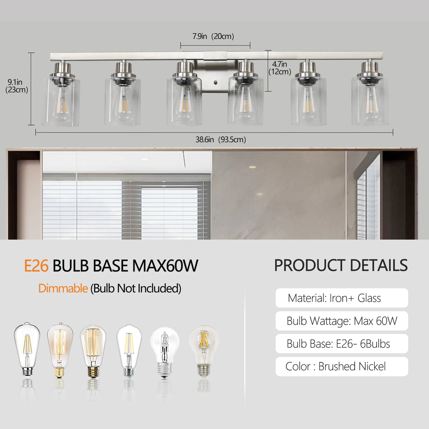 6 Light Bathroom Vanity Light Industrial Metal Fixture with Clear Glass Shades Wall Mount Mirror Lighting for Bathroom No Bulb