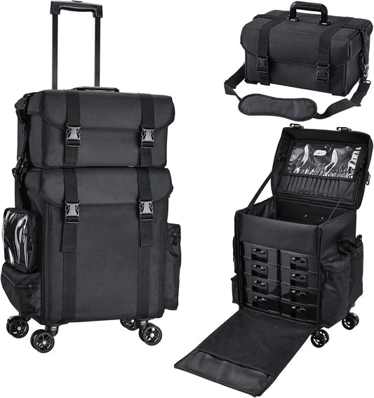 Professional Makeup Case, 2in1 Travel Rolling Case with Wheels - Cheerful Home Finds