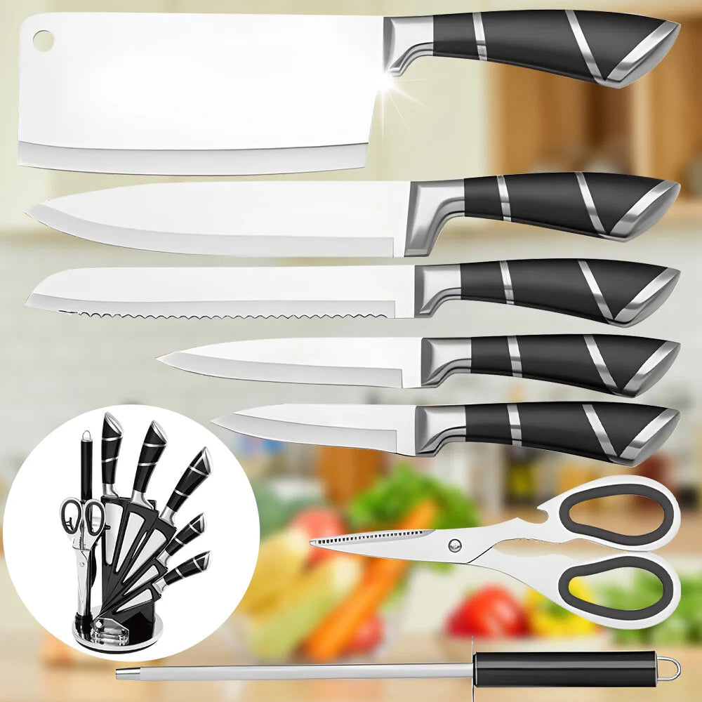 Mdhand Stainless Steel Kitchen Knife Set With Sharpener Nonstick Coated Chef Knives For Cutting Slicing Dicing Chopping - Cheerful Home Finds