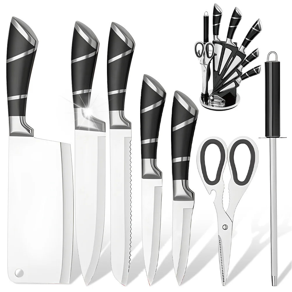Mdhand Stainless Steel Kitchen Knife Set With Sharpener Nonstick Coated Chef Knives For Cutting Slicing Dicing Chopping - Cheerful Home Finds