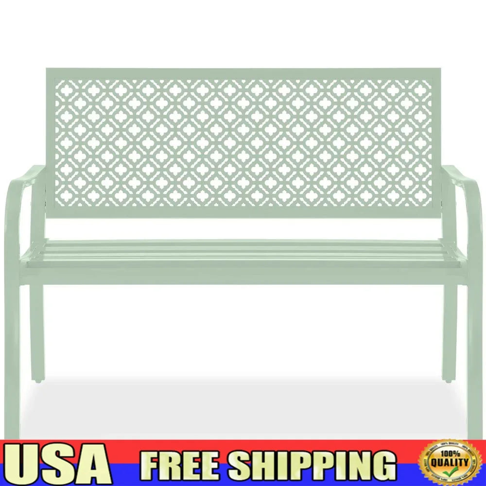 Outdoor Metal Bench for Two Persons Steel Garden Patio Furniture with Geometric Backrest Lightweight Weather Resistant Easy Assembly