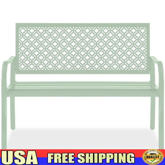 Outdoor Metal Bench for Two Persons Steel Garden Patio Furniture with Geometric Backrest Lightweight Weather Resistant Easy Assembly