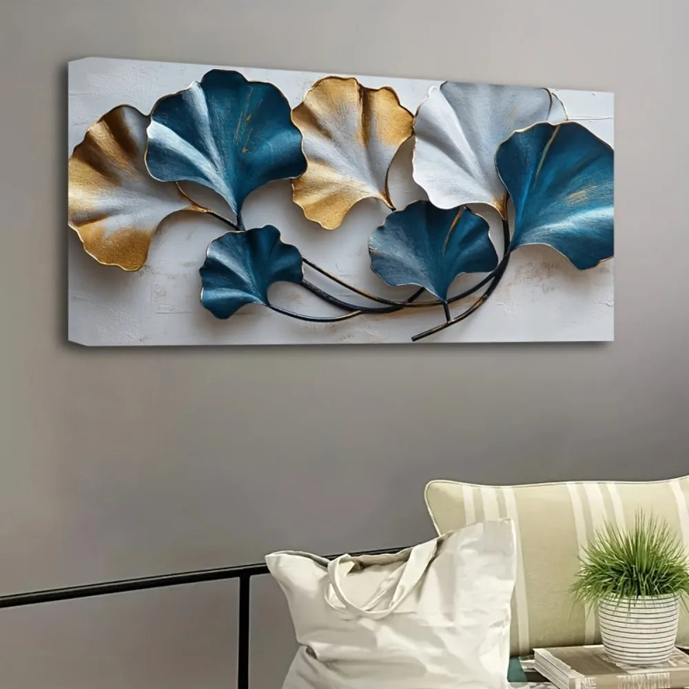 Blue And Yellow Leaf Canvas Wall Art Elegant Sketch Still Life Home Decor 1.5 Inch Thick Pine Solid Wood Frame - Cheerful Home Finds