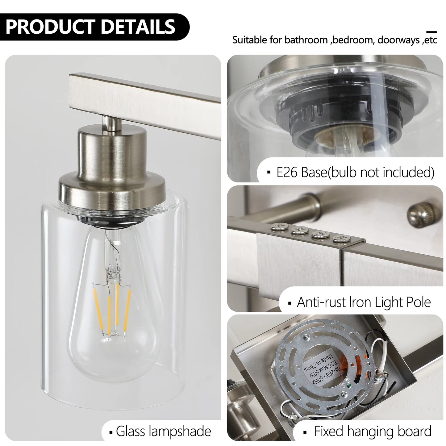 6 Light Bathroom Vanity Light Industrial Metal Fixture with Clear Glass Shades Wall Mount Mirror Lighting for Bathroom No Bulb