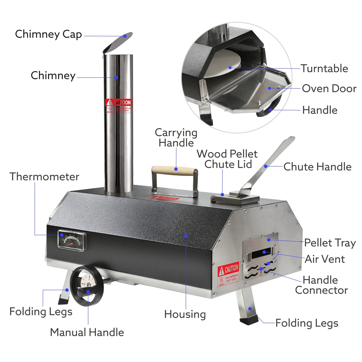 Outdoor Semi-Automatic Rotating Pizza Oven Portable Stainless Steel Wood Fired Pizza Machine with Thermometer Pizza Knife - Cheerful Home Finds