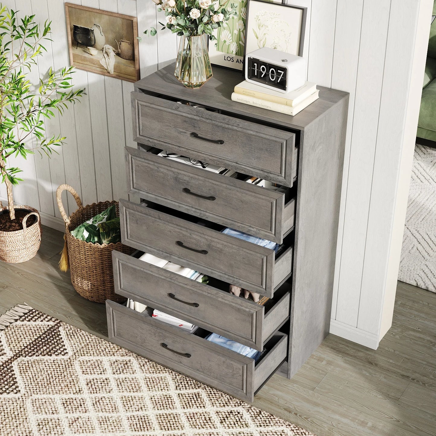 Vabches Wooden Dresser for Bedroom 47 Inch Tall 5 Drawer Storage Organizer with Metal Handles - Cheerful Home Finds