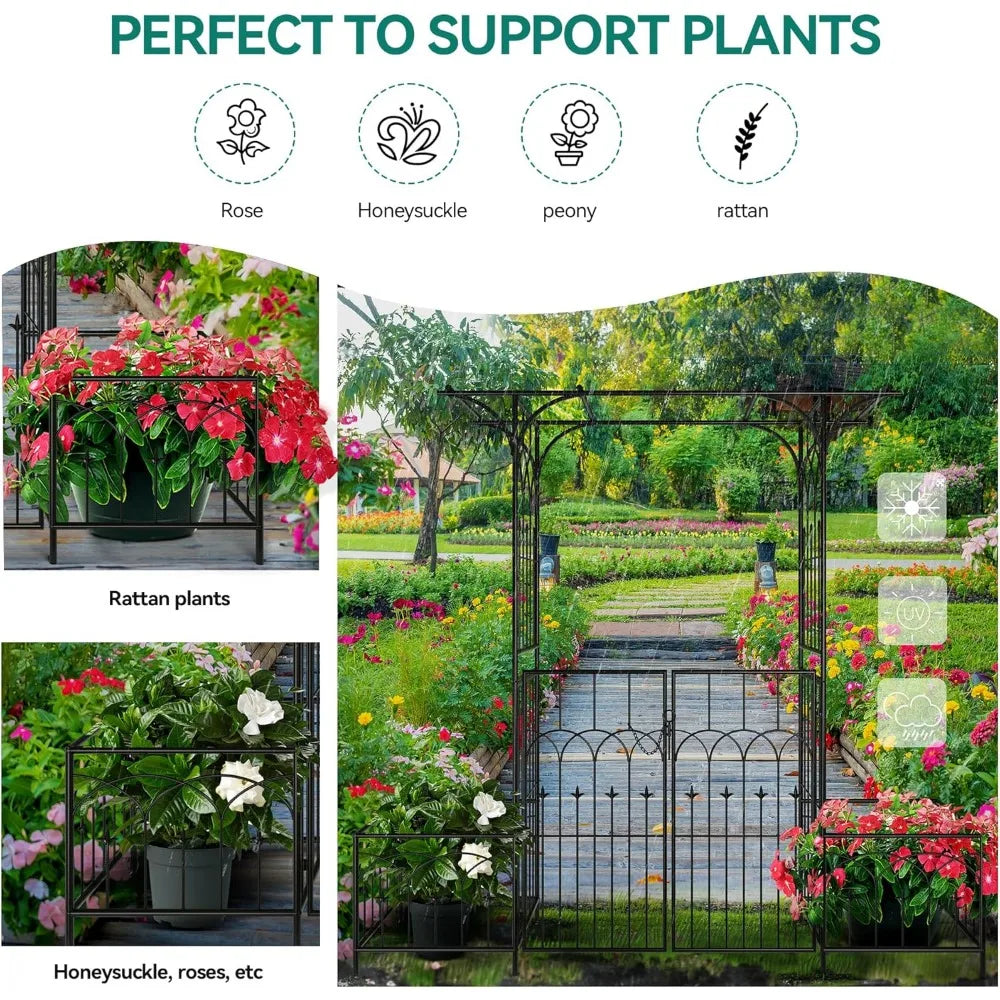 Garden Arbor with Gate and Planter Box Metal Garden Arch for Climbing Plants Outdoor Wedding Ceremony Decor - Cheerful Home Finds