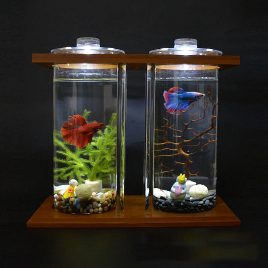 Glass Betta Fish Tank Bamboo Base Mini Aquarium For Desktop - Cheerful Home Finds