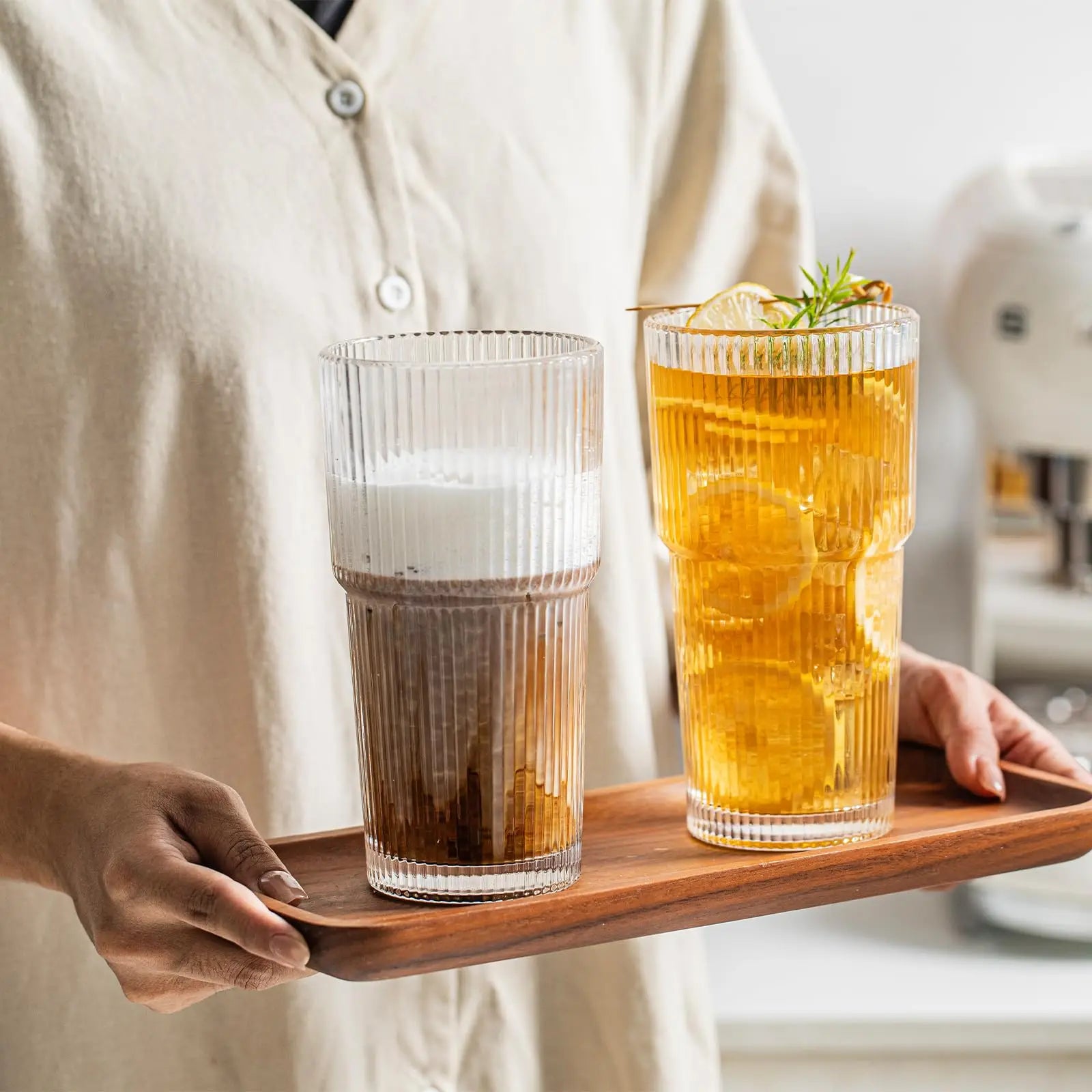 KEMORELA 20oz Ribbed Glass Tumbler Set of 4 for Drinks - Cheerful Home Finds