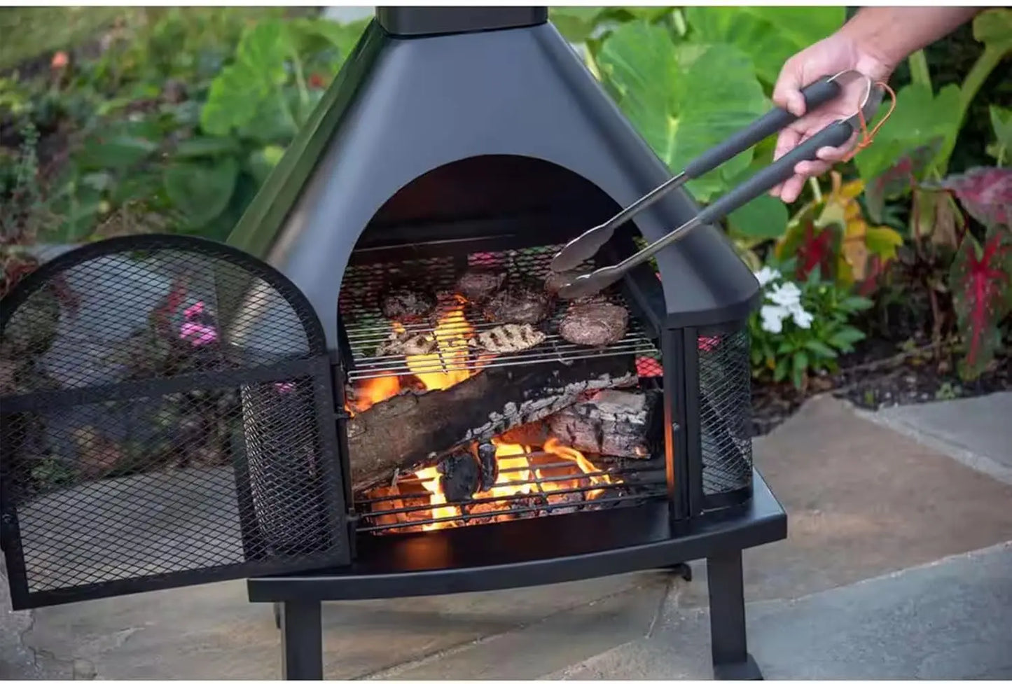 Wood Burning Fireplace Outdoor Steel Chimney Rectangular Fire Bowl Black - Cheerful Home Finds