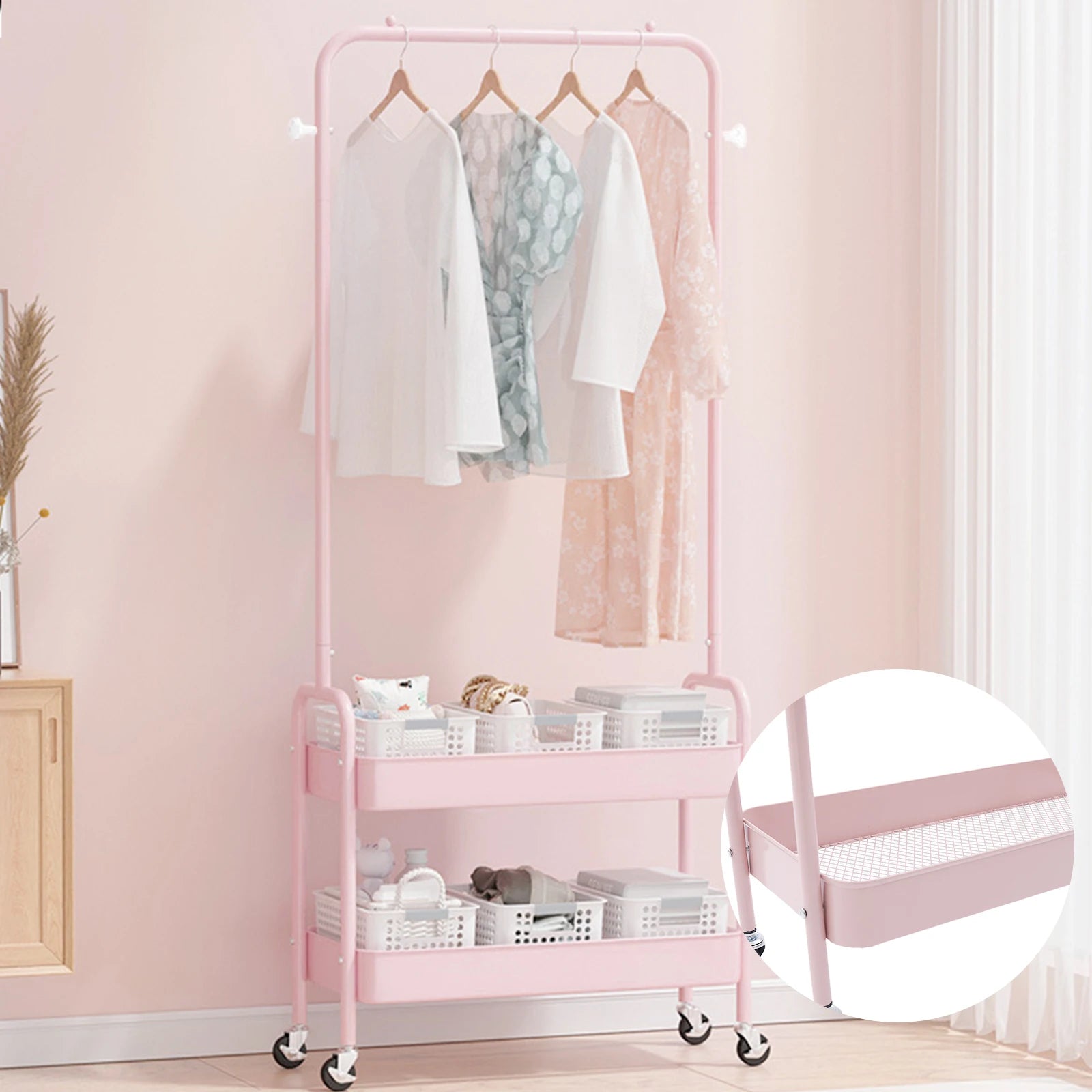 Mobile Clothing Storage Rack with 2 Tiers and Wheels - Cheerful Home Finds