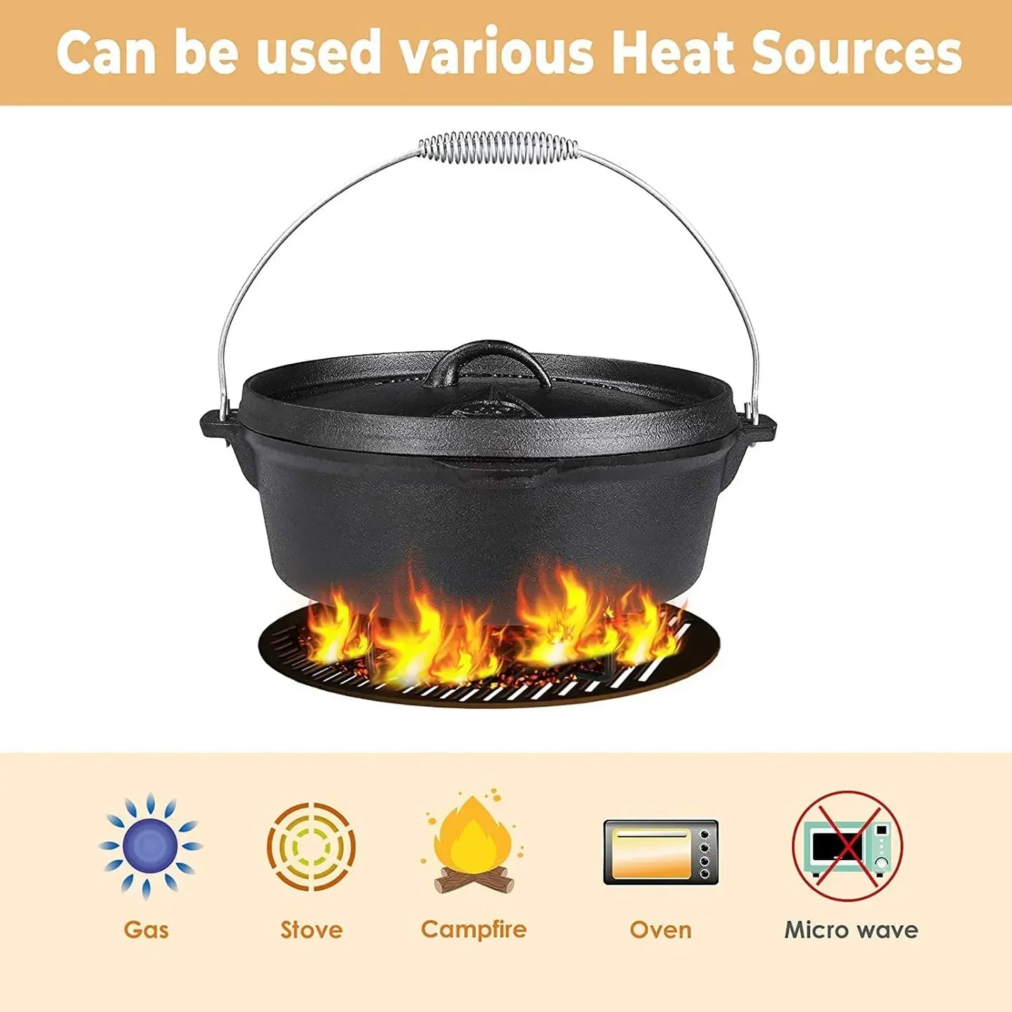 7.5 L Cast Iron Dutch Oven with Lid Lifter Support and Screw Handle for Outdoor and Indoor Cooking Baking and BBQ - Cheerful Home Finds