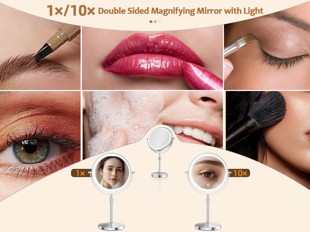8 Inch Makeup Mirror With Light Lamp 10X Magnification 3 Color Lights Adjustable Brightness Height Standing Mirror - Cheerful Home Finds