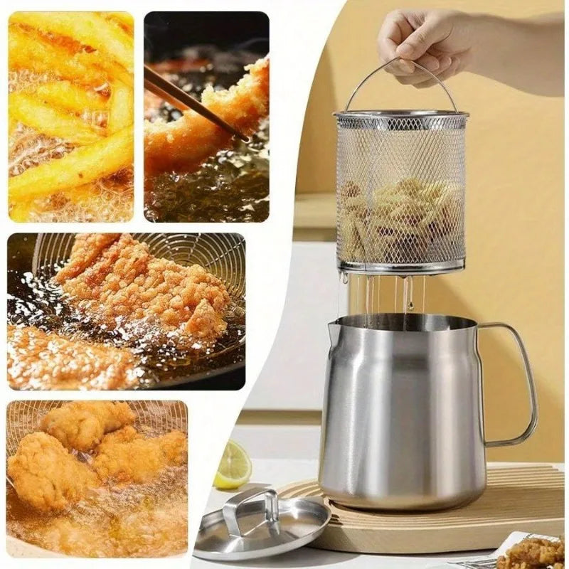304 Stainless Steel Oil Filter Pot with Strainer Deep Fryer Basket - Cheerful Home Finds