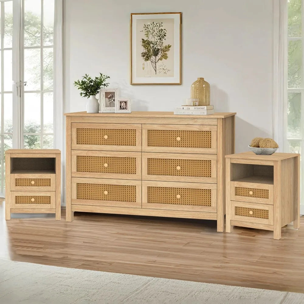 Farmhouse Bedroom Set 3 Pieces Rustic Wood 6 Drawer Dresser Nightstands and Wide Chest of Drawers Furniture