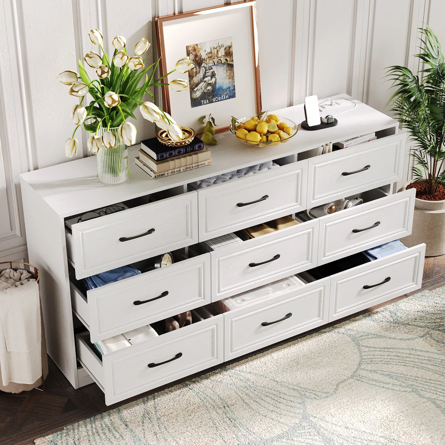 Vabches Wood Dresser for Bedroom 9 Drawer Storage Organizer with Power Outlet and Metal Handles - Cheerful Home Finds
