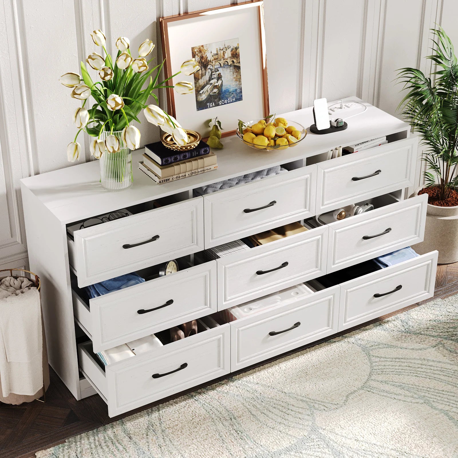 Vabches Wood Dresser for Bedroom 9 Drawer Storage Organizer with Power Outlet and Metal Handles - Cheerful Home Finds