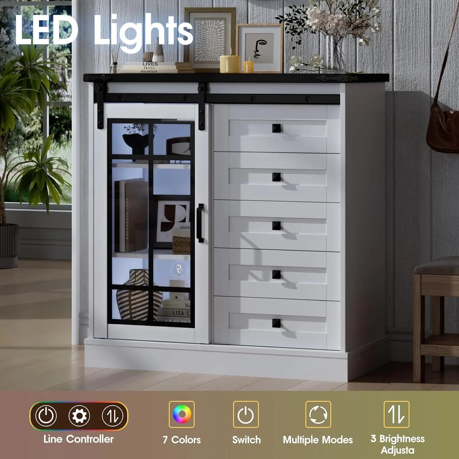 Vabches Dresser for Bedroom 6 Drawer with Glass Door - Cheerful Home Finds