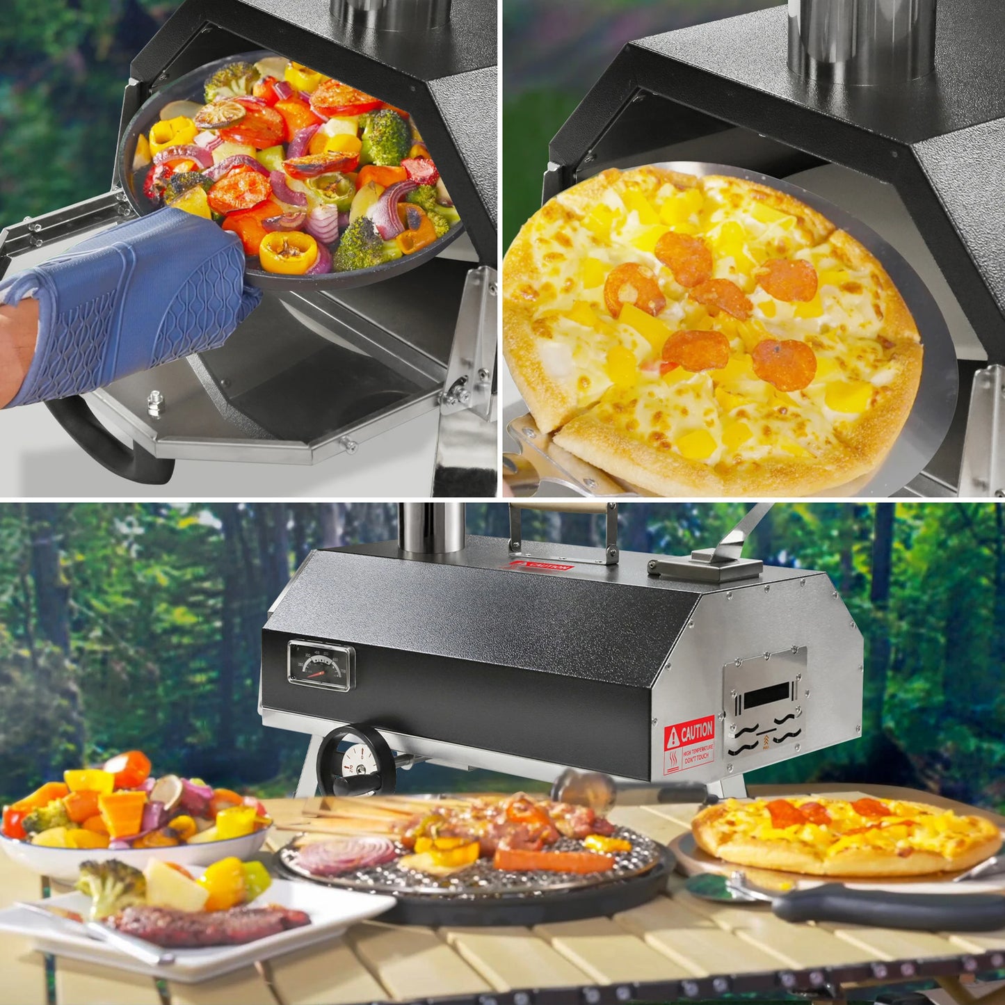 Outdoor Semi-Automatic Rotating Pizza Oven Portable Stainless Steel Wood Fired Pizza Machine with Thermometer Pizza Knife - Cheerful Home Finds