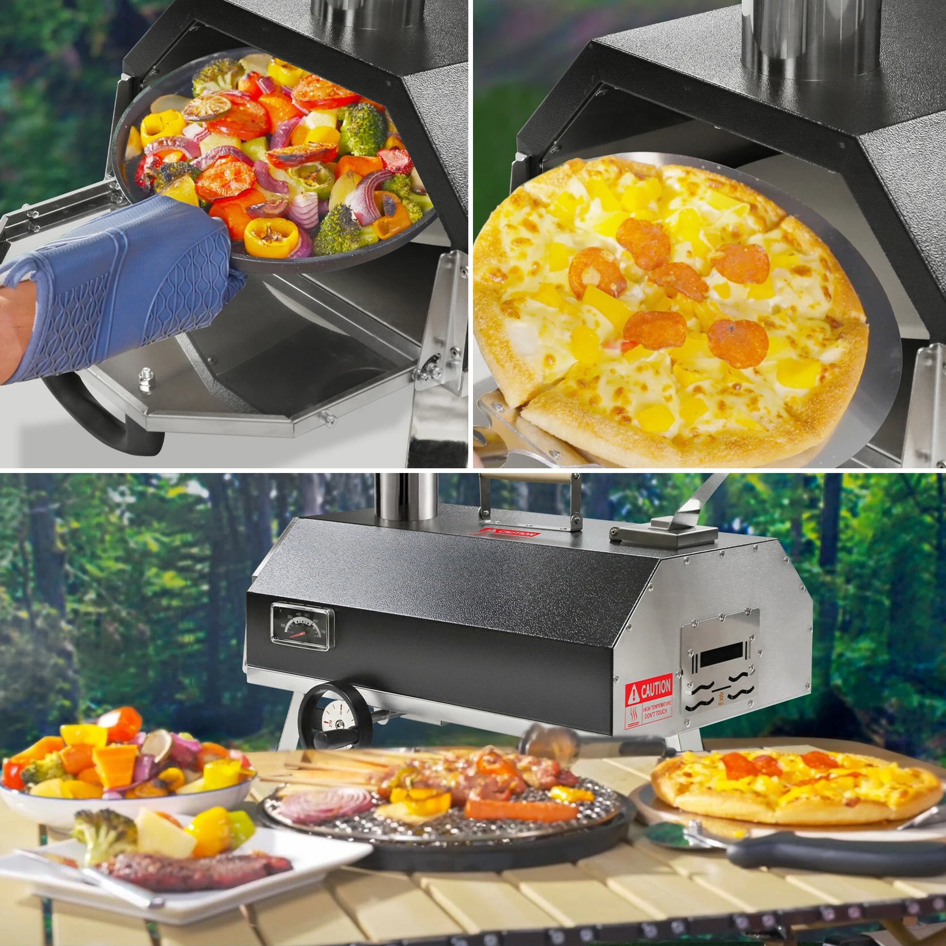 Outdoor Semi-Automatic Rotating Pizza Oven Portable Stainless Steel Wood Fired Pizza Machine with Thermometer Pizza Knife - Cheerful Home Finds