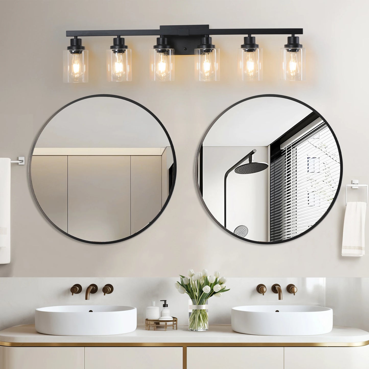 6 Light Bathroom Vanity Light Industrial Metal Fixture with Clear Glass Shades Wall Mount Mirror Lighting for Bathroom No Bulb