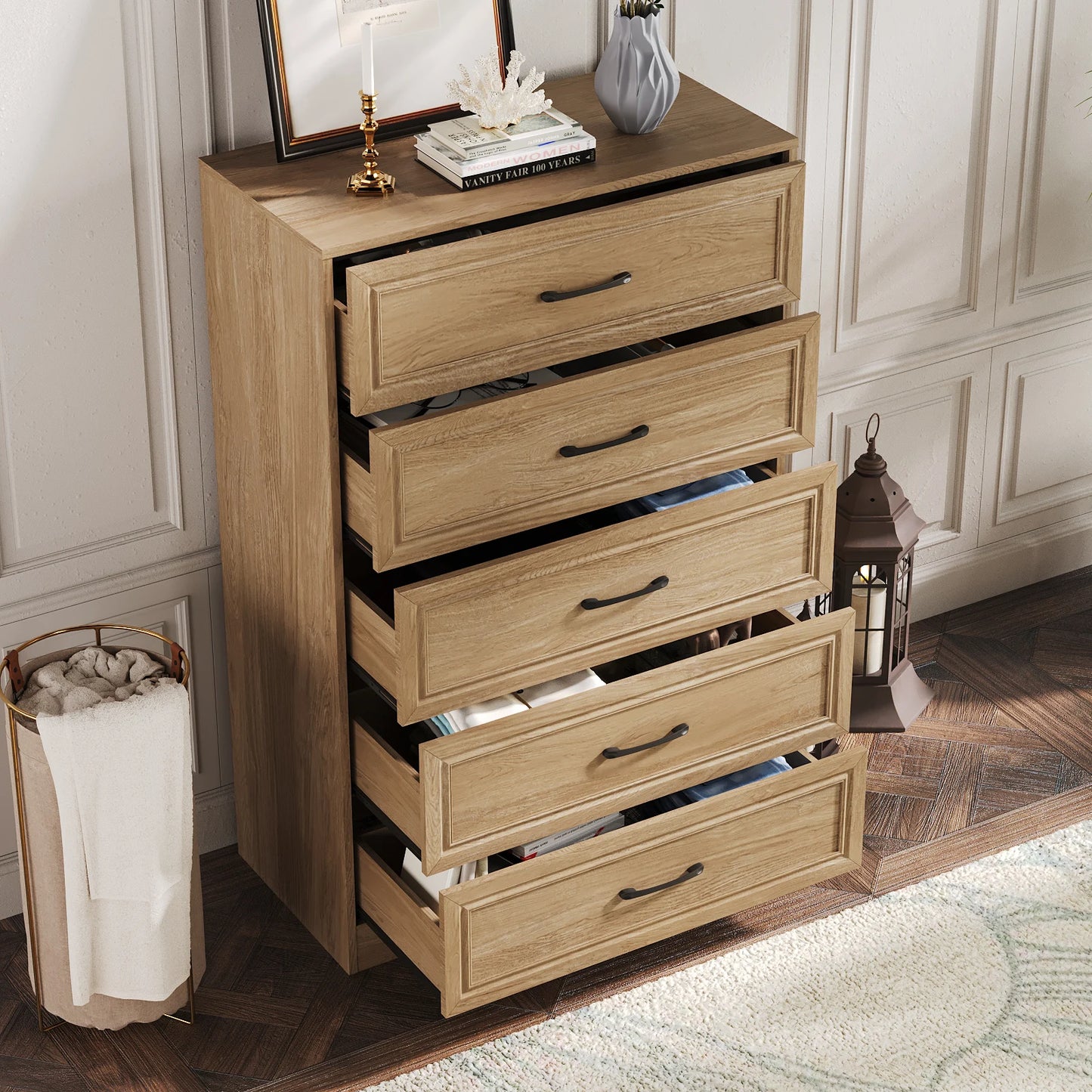 Vabches Wooden Dresser for Bedroom 47 Inch Tall 5 Drawer Storage Organizer with Metal Handles - Cheerful Home Finds