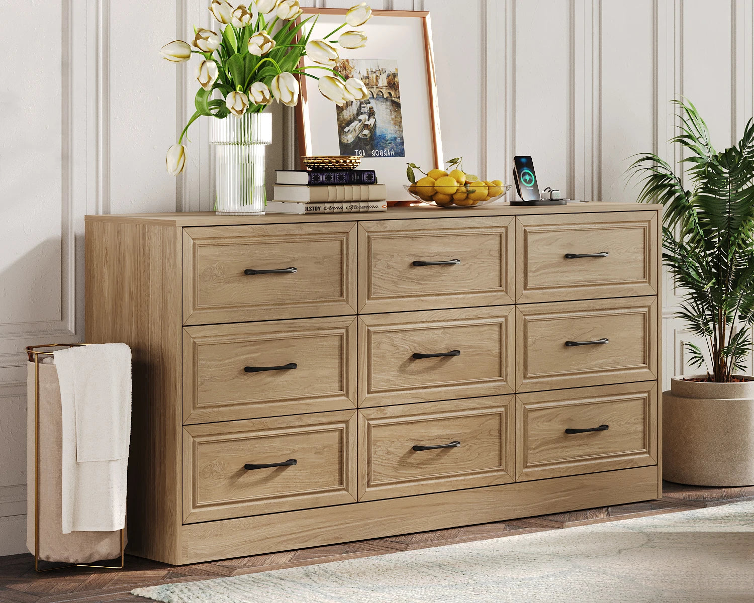 Vabches Wood Dresser for Bedroom 9 Drawer Storage Organizer with Power Outlet and Metal Handles - Cheerful Home Finds