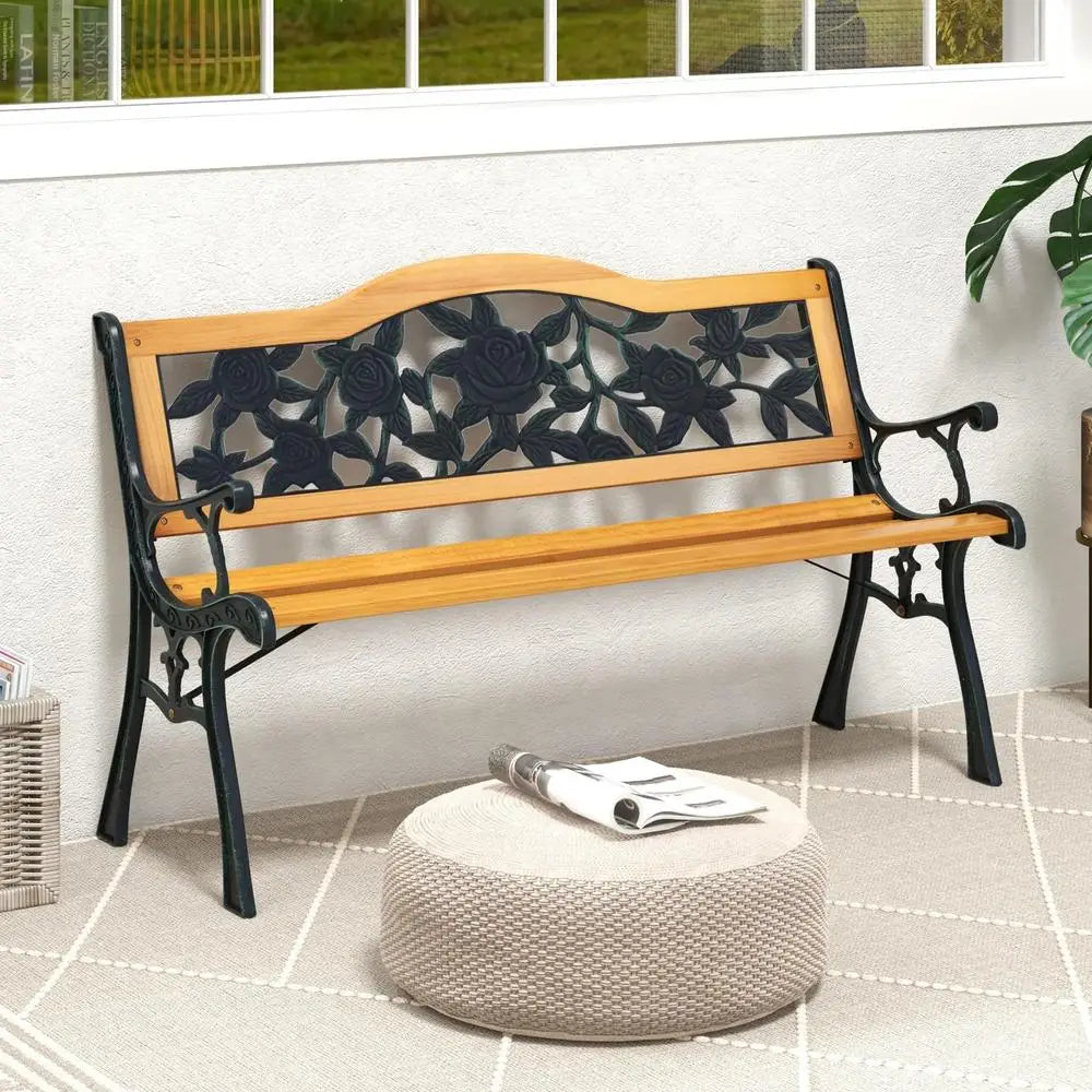 Durable Outdoor Garden Bench Cast Iron Hardwood Furniture Weather Resistant Park Loveseat Chair Patio Yard Relaxing