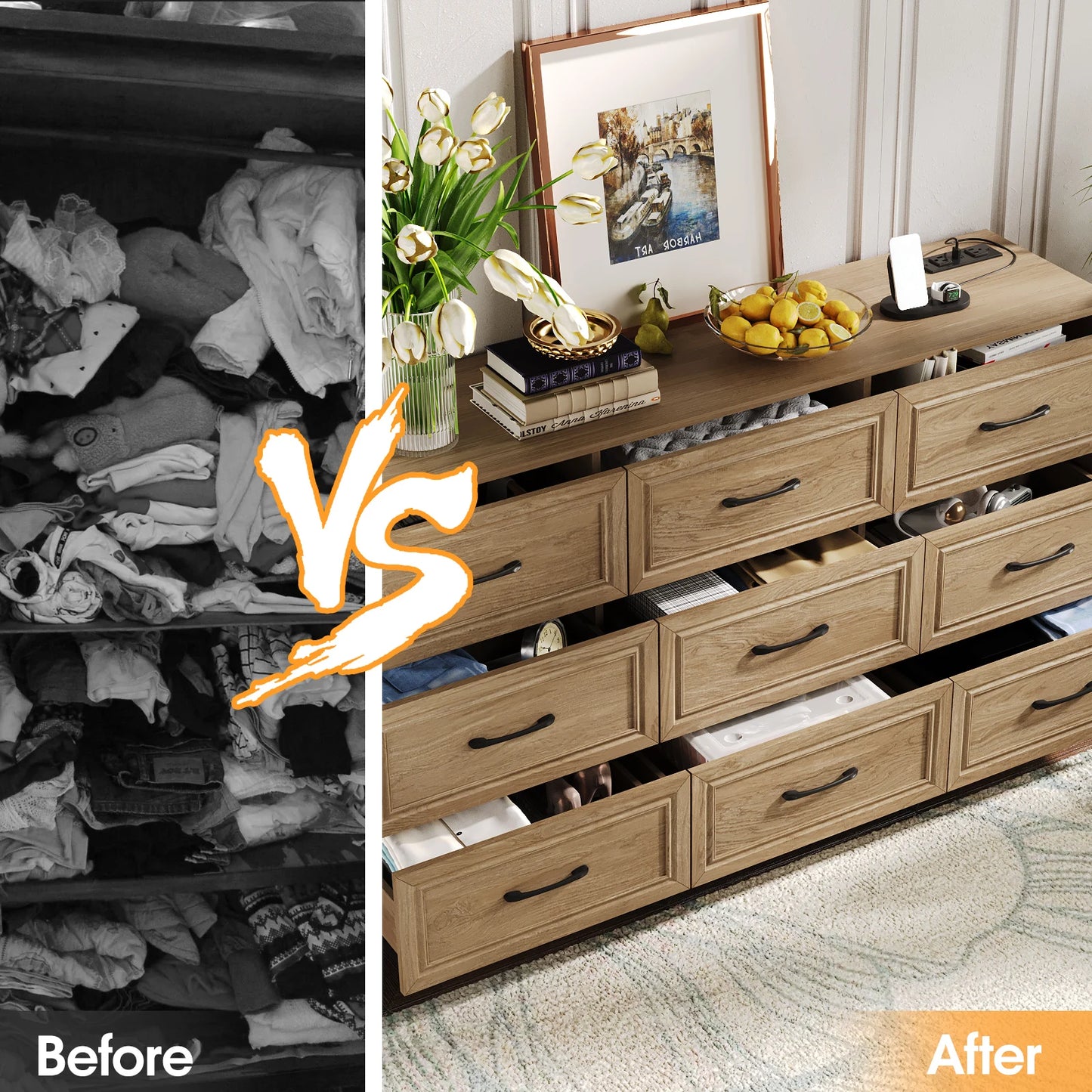 Vabches Wood Dresser for Bedroom 9 Drawer Storage Organizer with Power Outlet and Metal Handles - Cheerful Home Finds