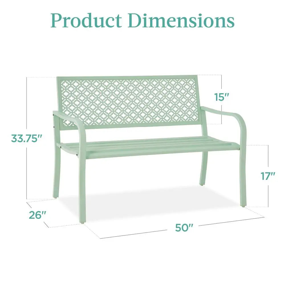 Outdoor Metal Bench for Two Persons Steel Garden Patio Furniture with Geometric Backrest Lightweight Weather Resistant Easy Assembly