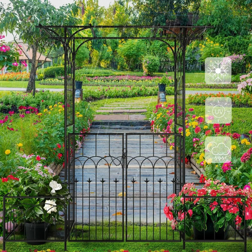 Garden Arbor with Gate and Planter Box Metal Garden Arch for Climbing Plants Outdoor Wedding Ceremony Decor - Cheerful Home Finds