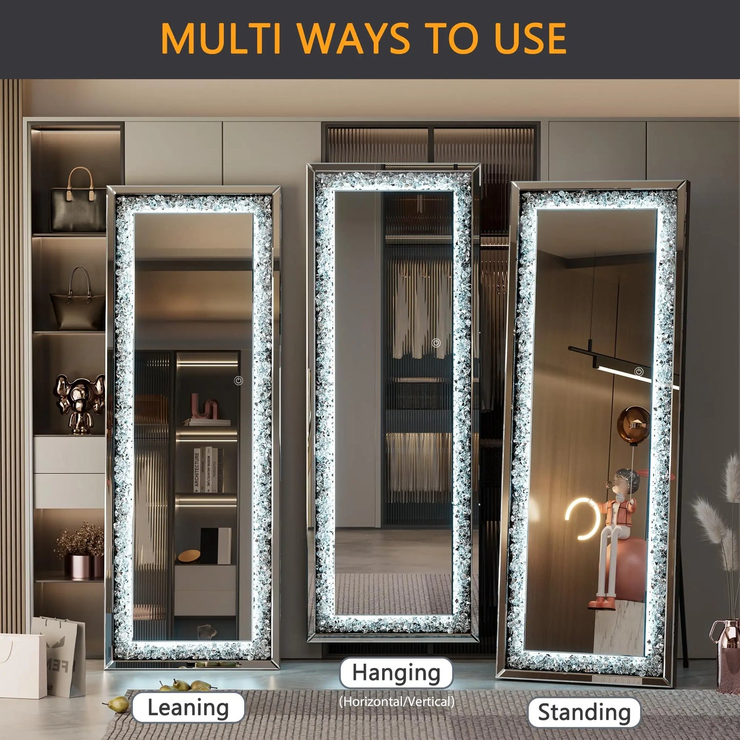 Hasipu Full-Length Mirror 63x20 Inch with Lights and Crystal Crush Diamond - Cheerful Home Finds