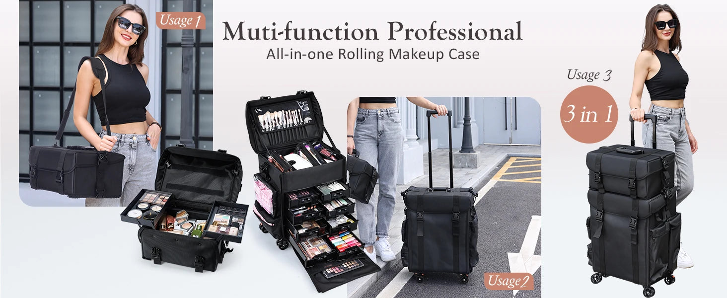 Professional Makeup Case, 2in1 Travel Rolling Case with Wheels - Cheerful Home Finds