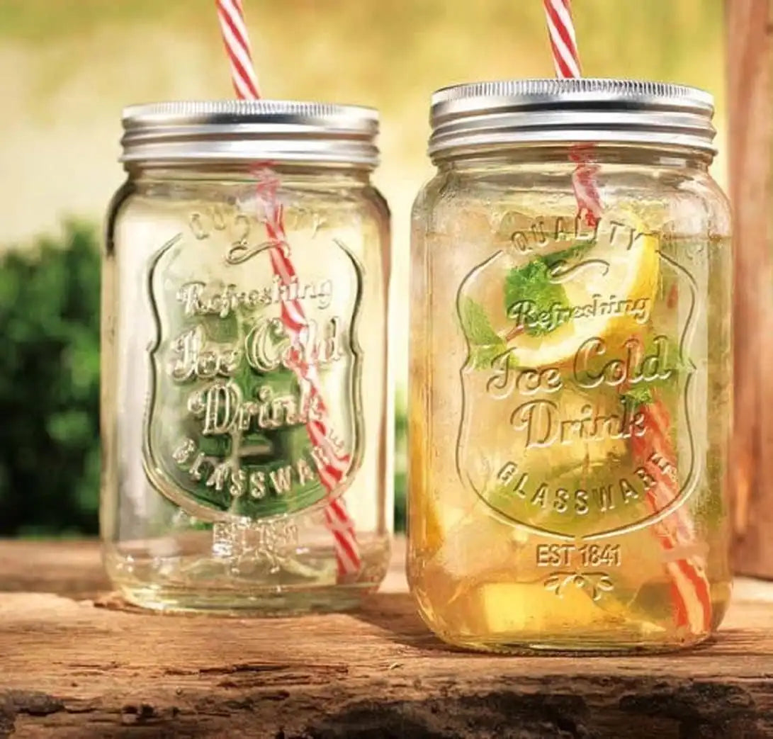 Jar Glass Set Ice Cold Mason Jar Cups with Lids and Straws 15 Oz - Cheerful Home Finds