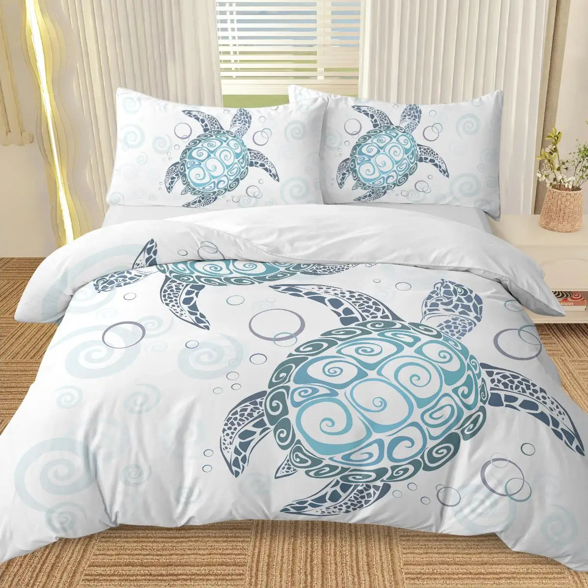 Aqua Teal Sea Bedding Set Three Piece Twin Duvet Cover with Pillowcases Ocean Beach Theme - Cheerful Home Finds