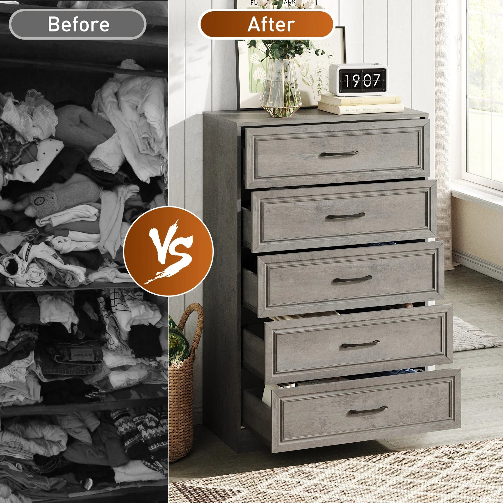 Vabches Wooden Dresser for Bedroom 47 Inch Tall 5 Drawer Storage Organizer with Metal Handles - Cheerful Home Finds