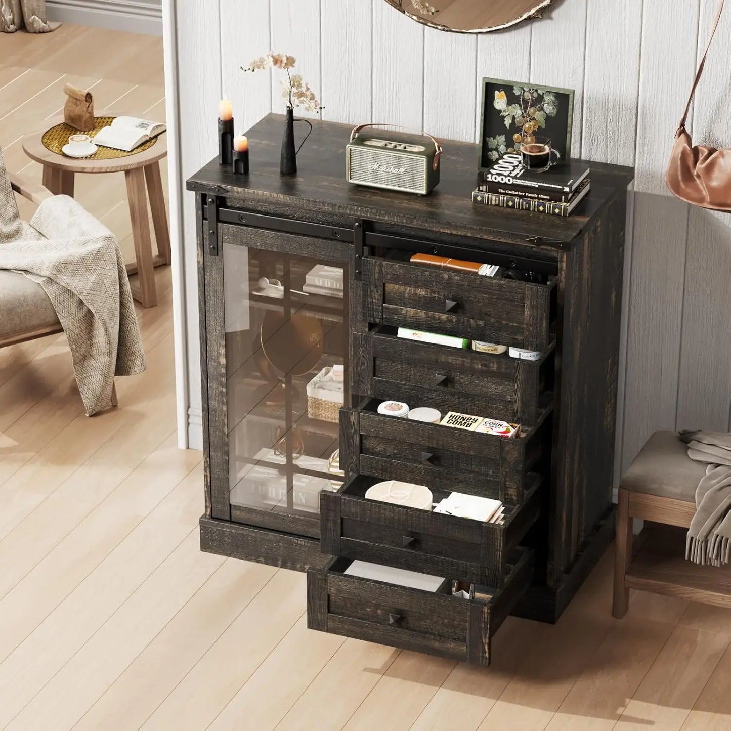 Vabches Dresser for Bedroom 6 Drawer with Glass Door - Cheerful Home Finds