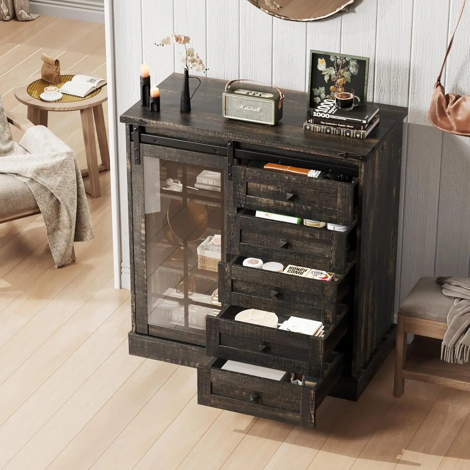 Vabches Dresser for Bedroom 6 Drawer with Glass Door - Cheerful Home Finds