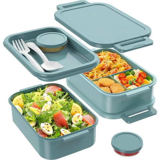 72oz Three Layers All in One Large Bento Box Leak Proof with Utensil Sauce Dressing Containers for Dining Out Work Green
