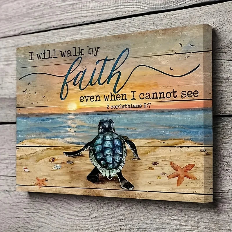 1PC Wood Framed Landscape Canvas Painting Turtle Beach Poster Christian Gift I Will Walk By Faith Home Decoration - Cheerful Home Finds