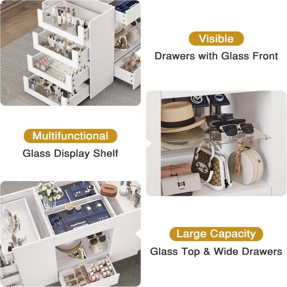 Closet Island with Drawers, White Dresser & Glass Top - Cheerful Home Finds