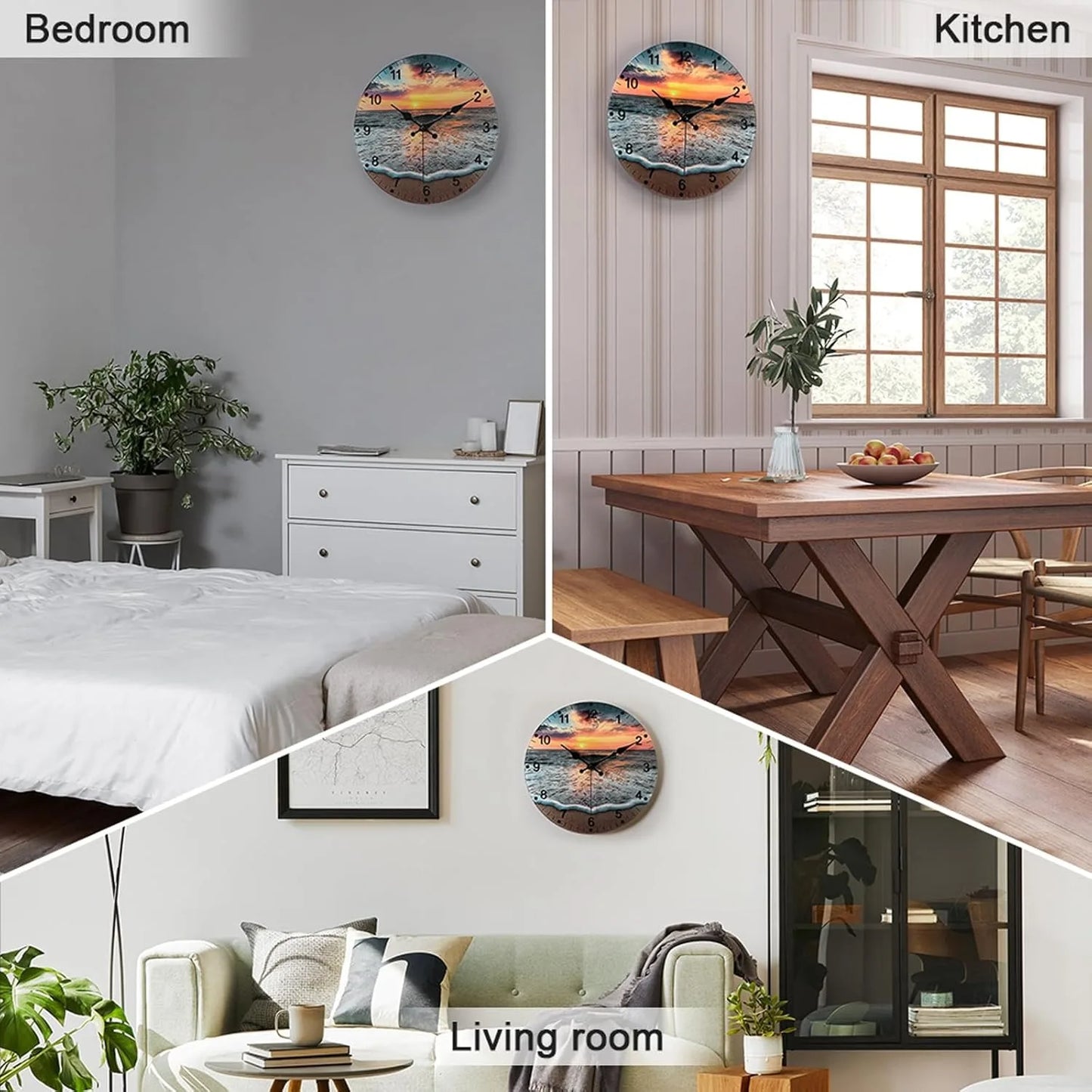 12 Inch Silent Non Ticking Wall Clock Beach Sunrise Glass Battery Operated Analog Clock for Bedroom Living Room Kitchen Office