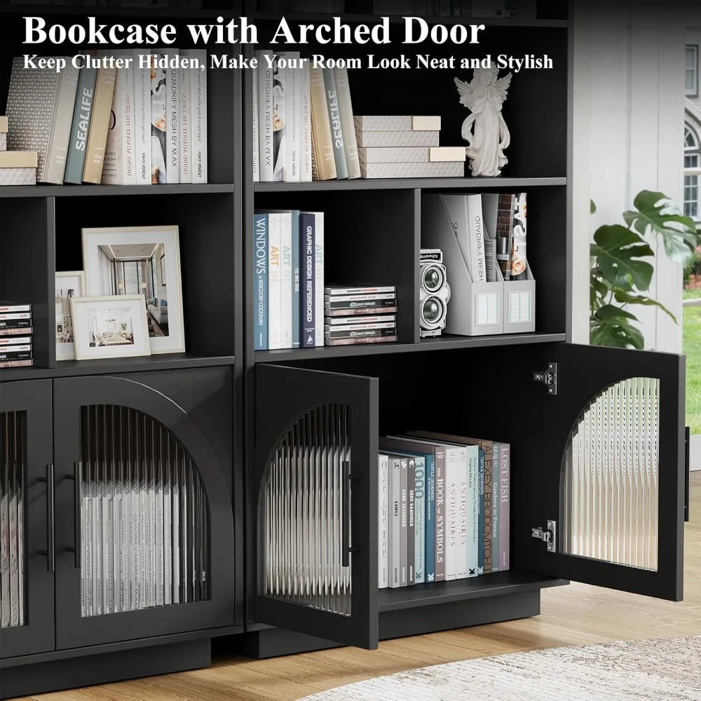 70 Inch Tall Bookshelf with Doors 5 Tier Storage Cabinet and Adjustable Shelves Mid Century Modern Bookcase Wood Finish