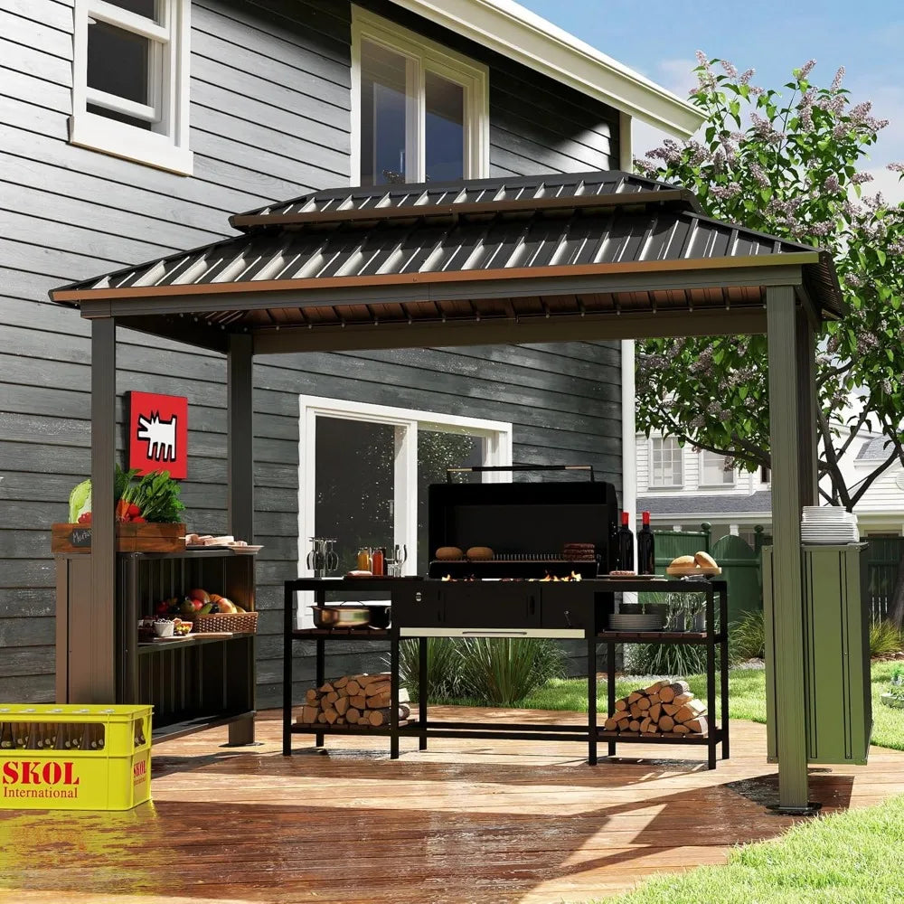 6x10FT Hardtop Grill Gazebo Outdoor BBQ Gazebo with Double Galvanized Steel Roof Patio Grill Canopy with 2 Cabinets