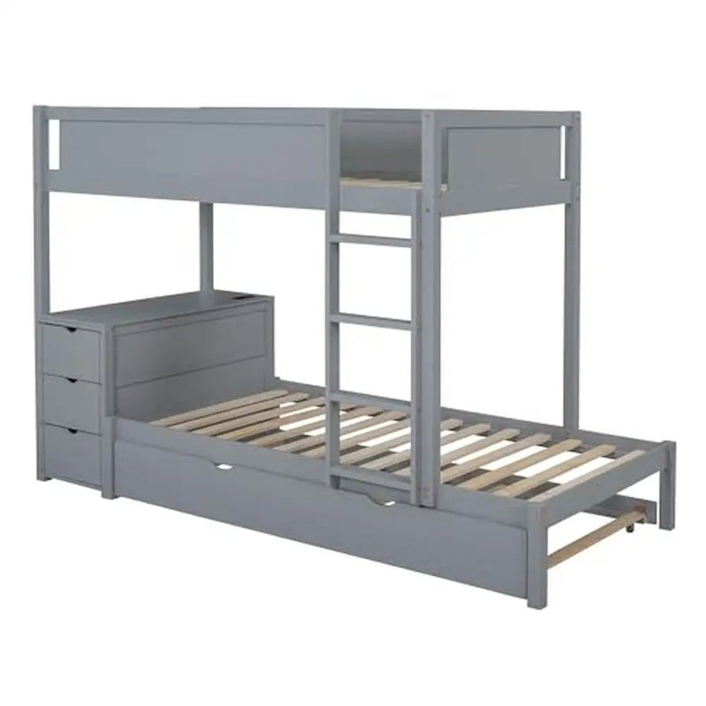 Twin Over Twin Bunk Beds with Desk Storage Drawers Trundle Charging Station Kids Teens Girls Gray Wood Frame 65.4"H 300 lbs - Cheerful Home Finds